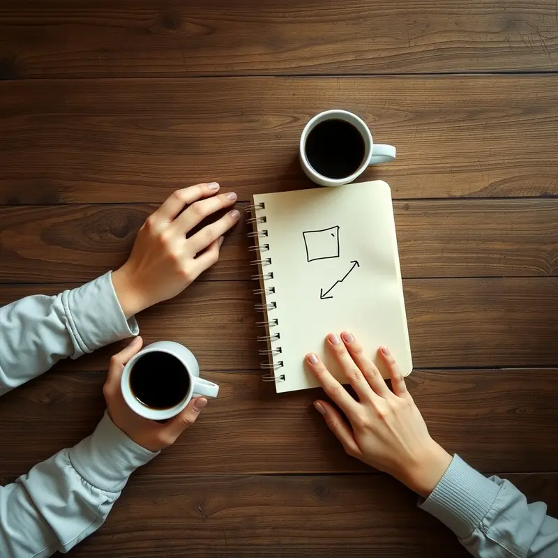Two people planning over coffee and a notebook