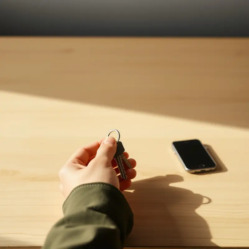 A hand passing keys across a desk